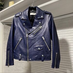 Coach Dark Blue Leather Biker Jacket